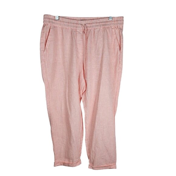 J. Crew Linen Blend Capris Pants Size 14 Striped Pull-On Drawstring Peach - Picture 1 of 10